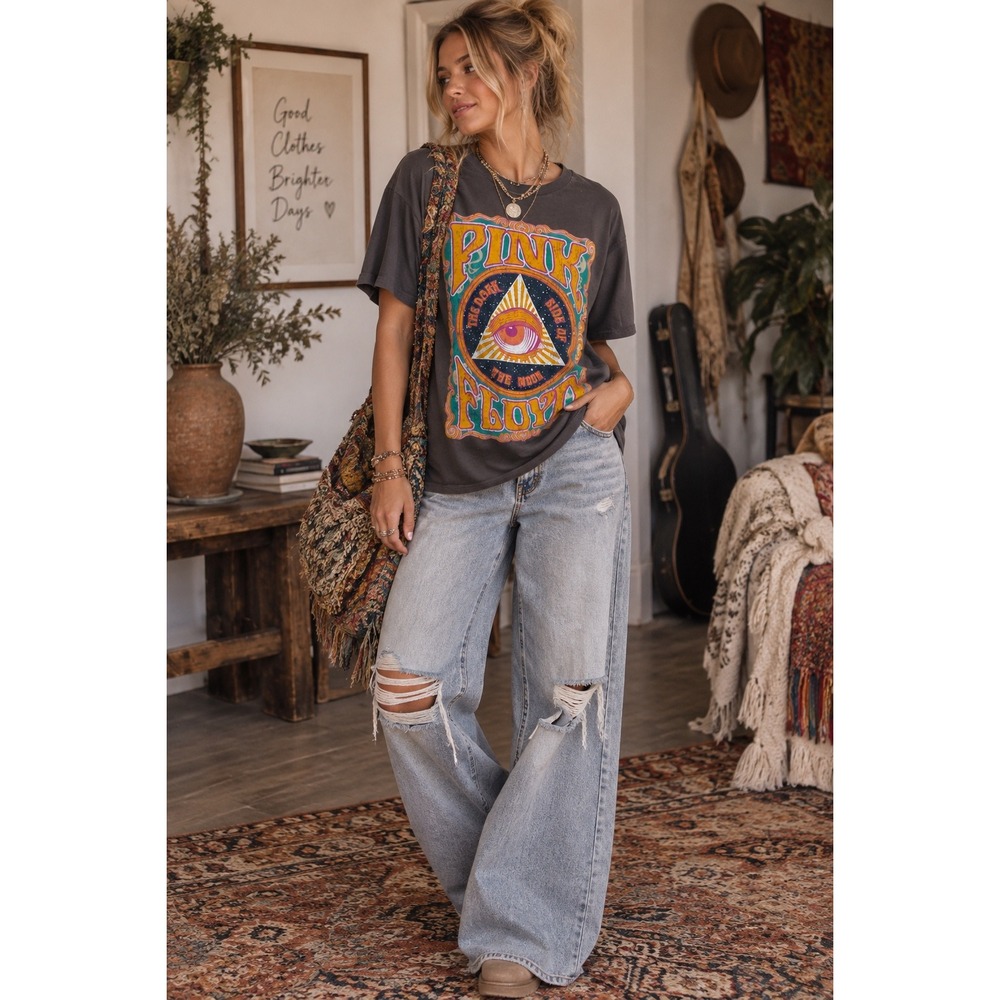 Pink Floyd Dark Side of the Moon Graphic Tee Gray Large Goodie Two Sleeve